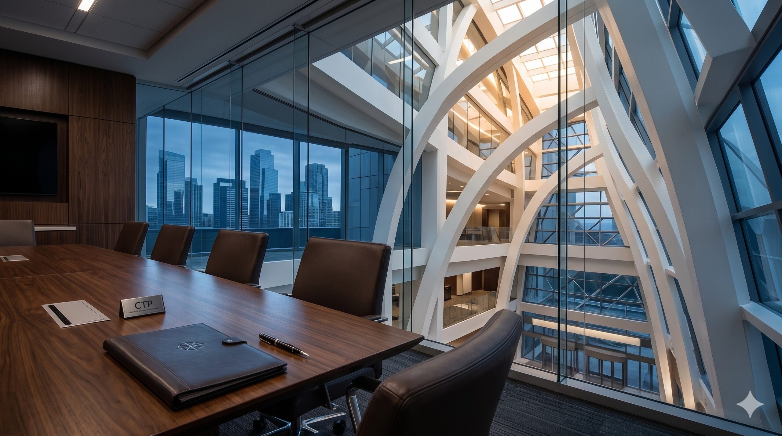 Conference room with a long wooden table, leather chairs, and glass walls showing a city skyline.